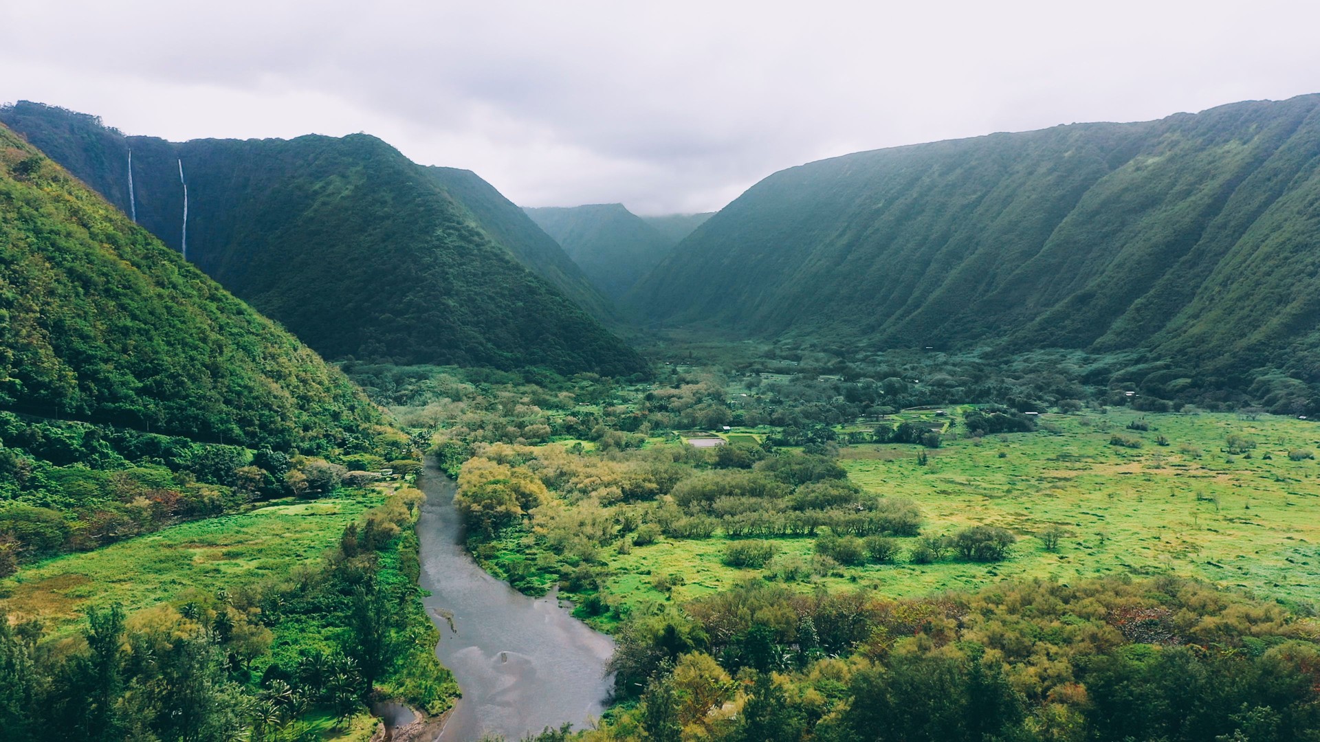 Aerial of Waipio bay and valley in Big Island Hawaii